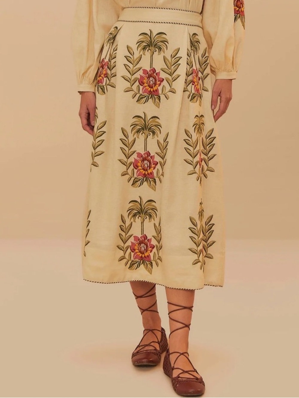 NWOT FARM RIO Tropical Flower Embroidered‎ Maxi Skirt Sand M